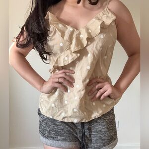 Polka Dot Ruffled Wrap-Effect Cami Blouse Linen